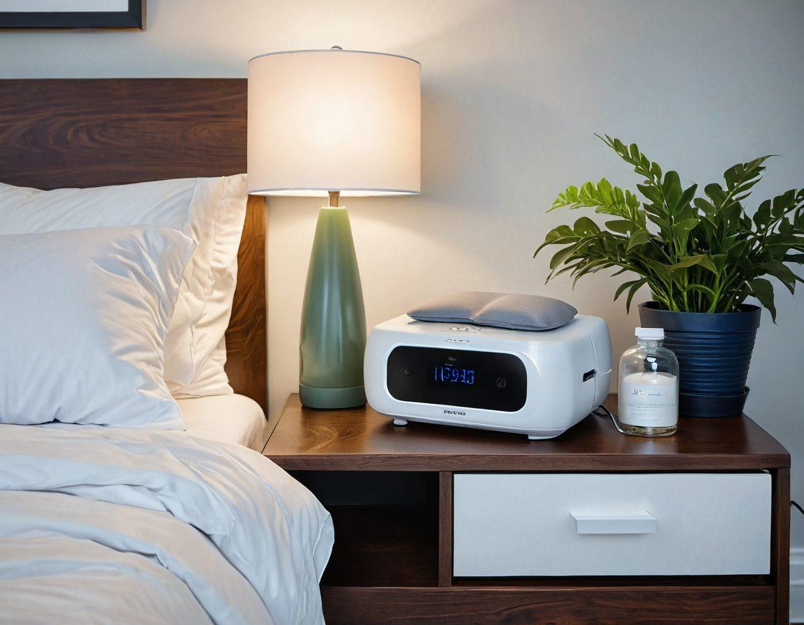 A serene bedroom setting with a modern C-PAP machine on a stylish nightstand. The soft glow of a bedside lamp illuminates a peaceful sleeping person, wearing a comfortable sleep mask fitted with the C-PAP apparatus. Surround the scene with calming blue hues, textured pillows, and a minimalist design. Include elements like a clock showing a sleep-friendly time and plants for a fresh ambiance. super-realistic. soothing colors. cozy atmosphere.